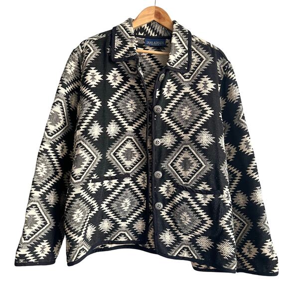 Vintage Jane Ashley Cross Knit Aztec black N White Jacket Size XL 23x29 - Picture 1 of 7